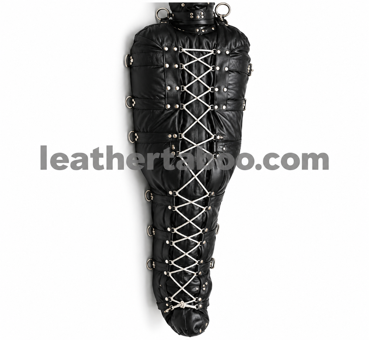 Black genuine leather hooded sleep sack with lace-up front, rivets, and metal rings.