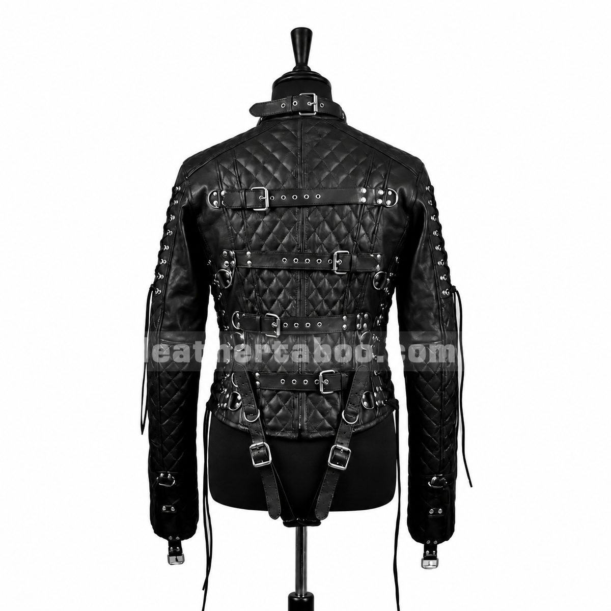 Back view of a black quilted genuine leather jacket with diamond-stitched panels, multiple buckle straps, rivets and full-length quilted sleeves.
