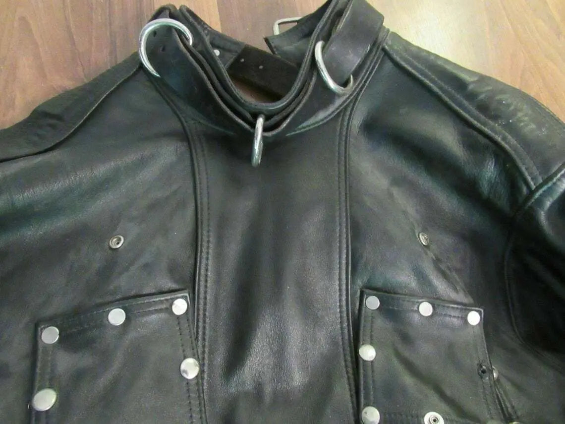 Black leather straitjacket inspired costume fashion design