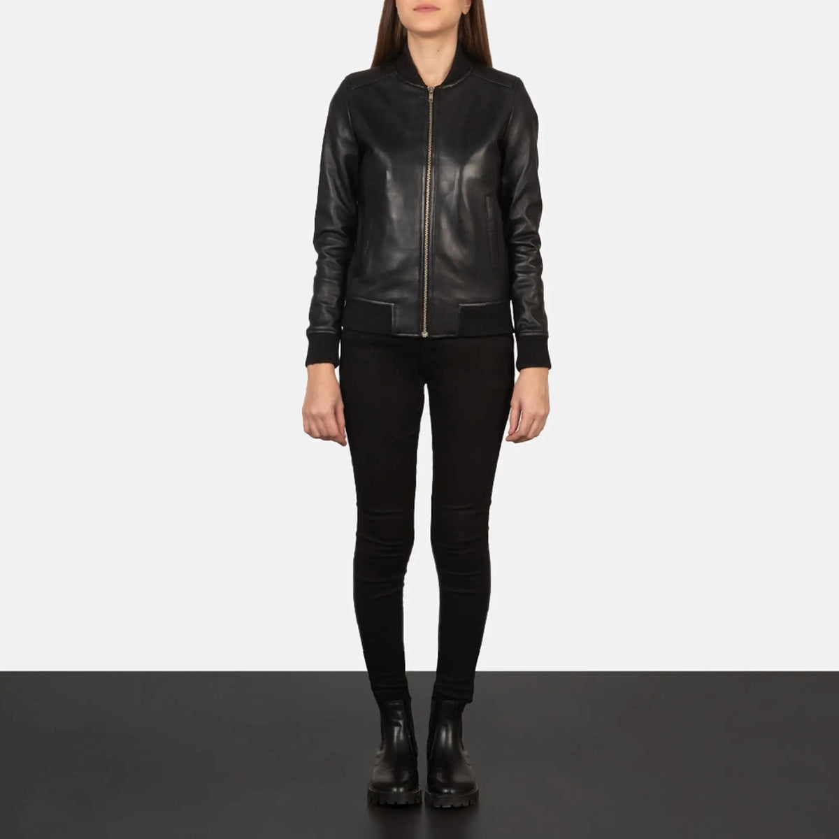 Bliss Black Leather Bomber Jacket, front view