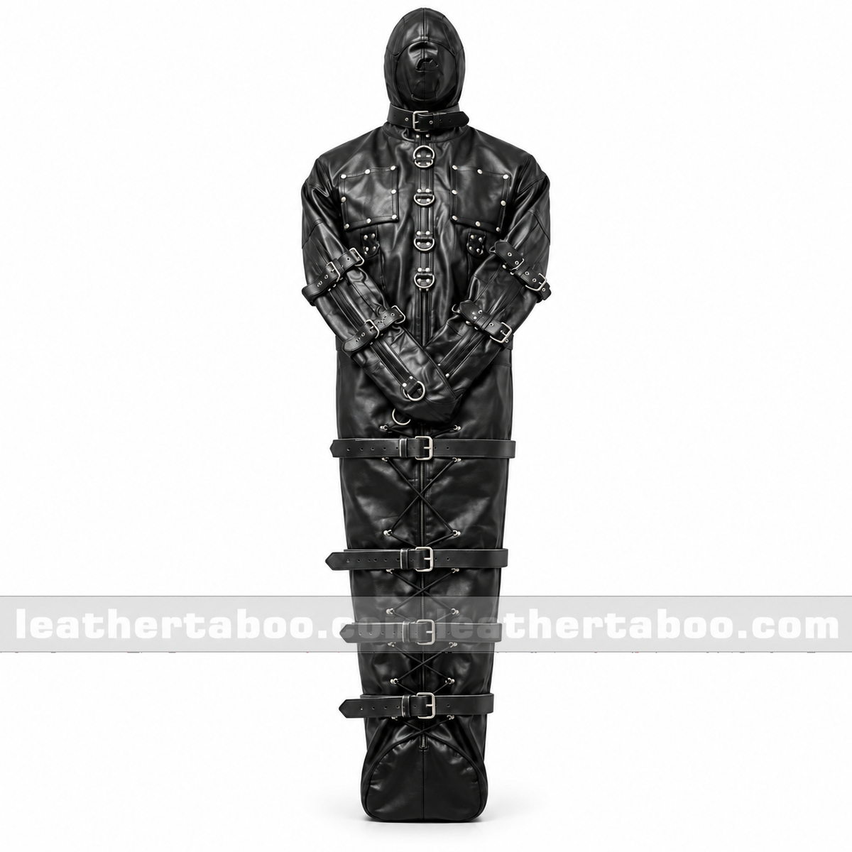 Front view of a custom black genuine leather full-body sleepsack with hood, front zipper, long sleeves and buckled straps against white.
