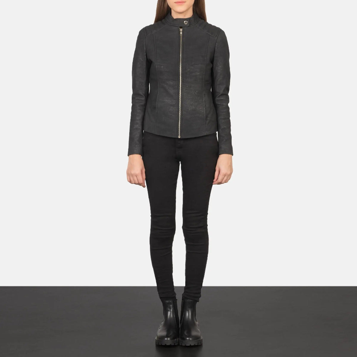 Kelsee Distressed Black Leather Biker Jacket Rugged Rider Style, front view