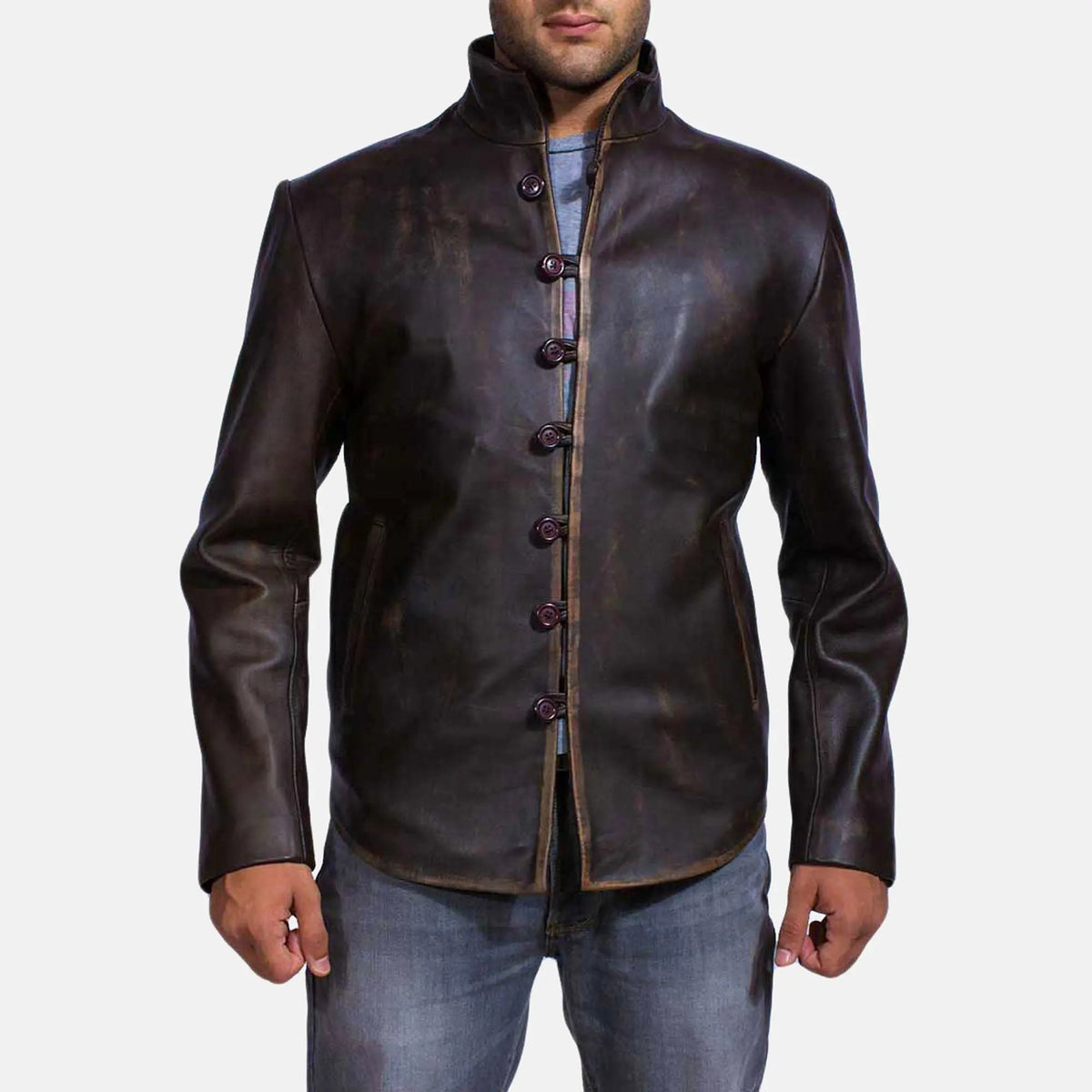 Drakeshire brown leather jacket front view