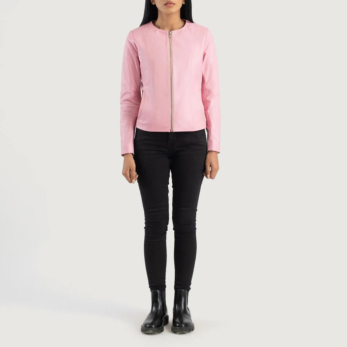 Elixir Pink Collarless Leather Jacket, front view