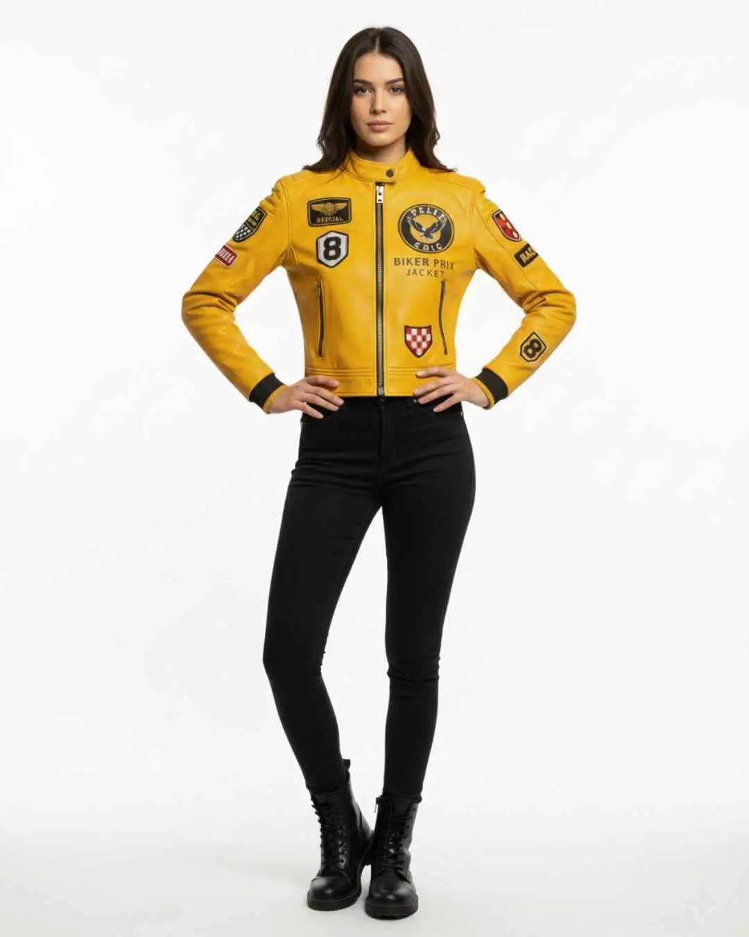 Women’s Mustard Yellow Special Forces Moto Leather Jacket, detail view 3