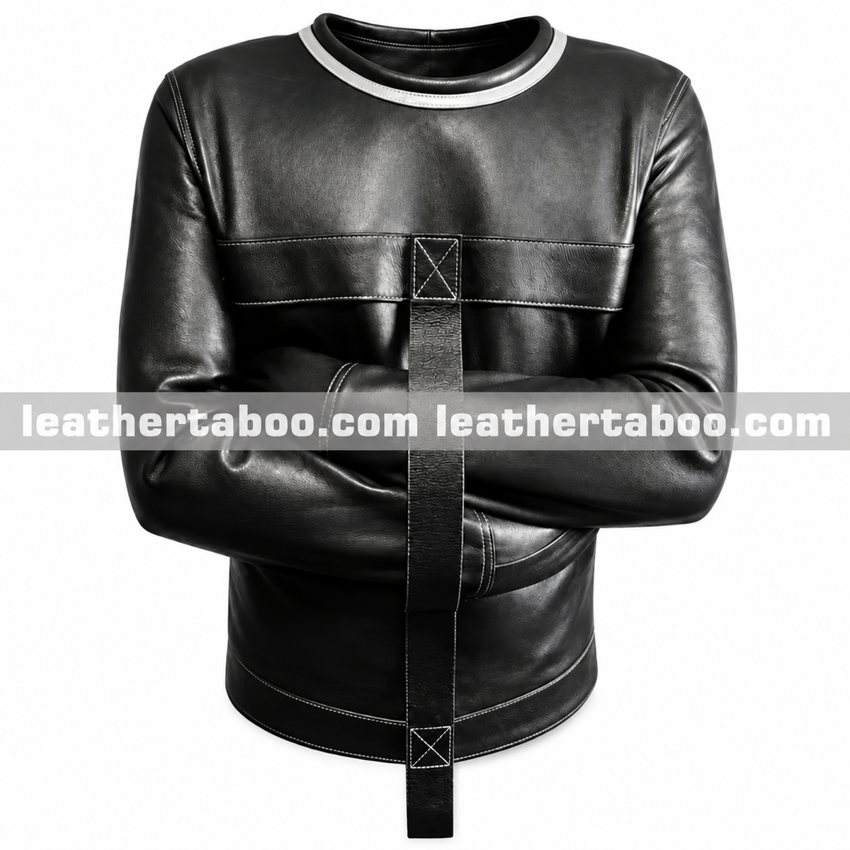 Front view of a black genuine leather straitjacket with crossed enclosed sleeves, center strap, reinforced stitching and white piping.