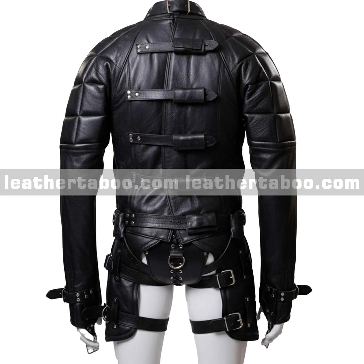 Black Leather Straitjacket Harness Bodysuit – front view