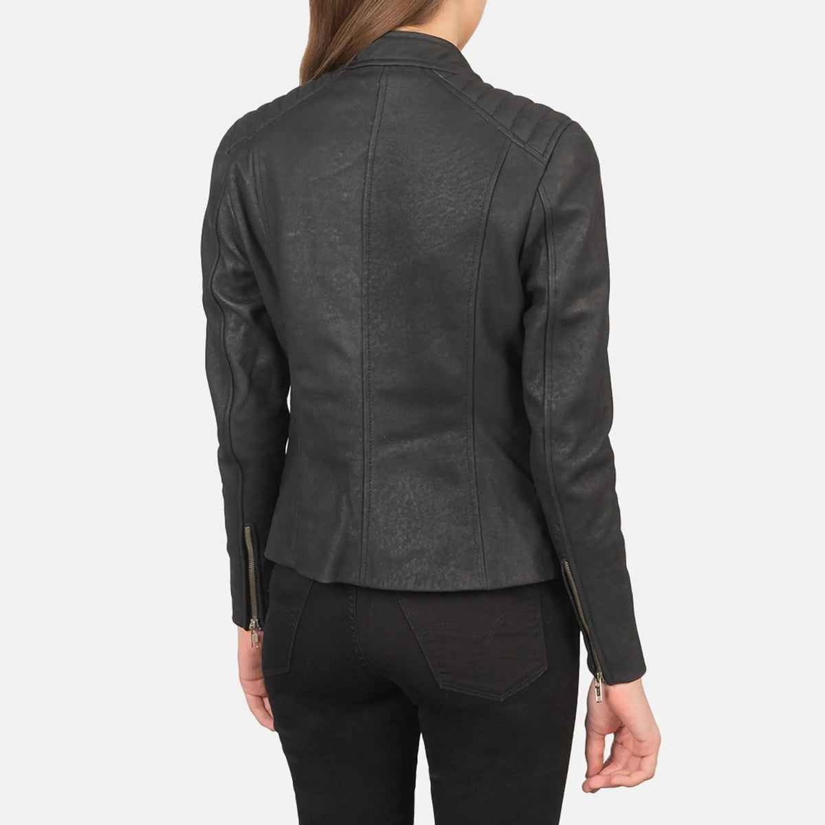 Kelsee Distressed Black Leather Biker Jacket Rugged Rider Style, back view