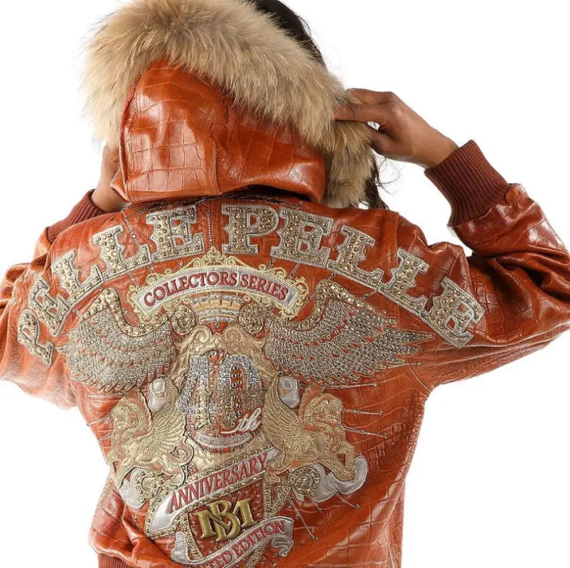 Women’s 40th Anniversary Collectors Edition Brown Leather Jacket, hood detail