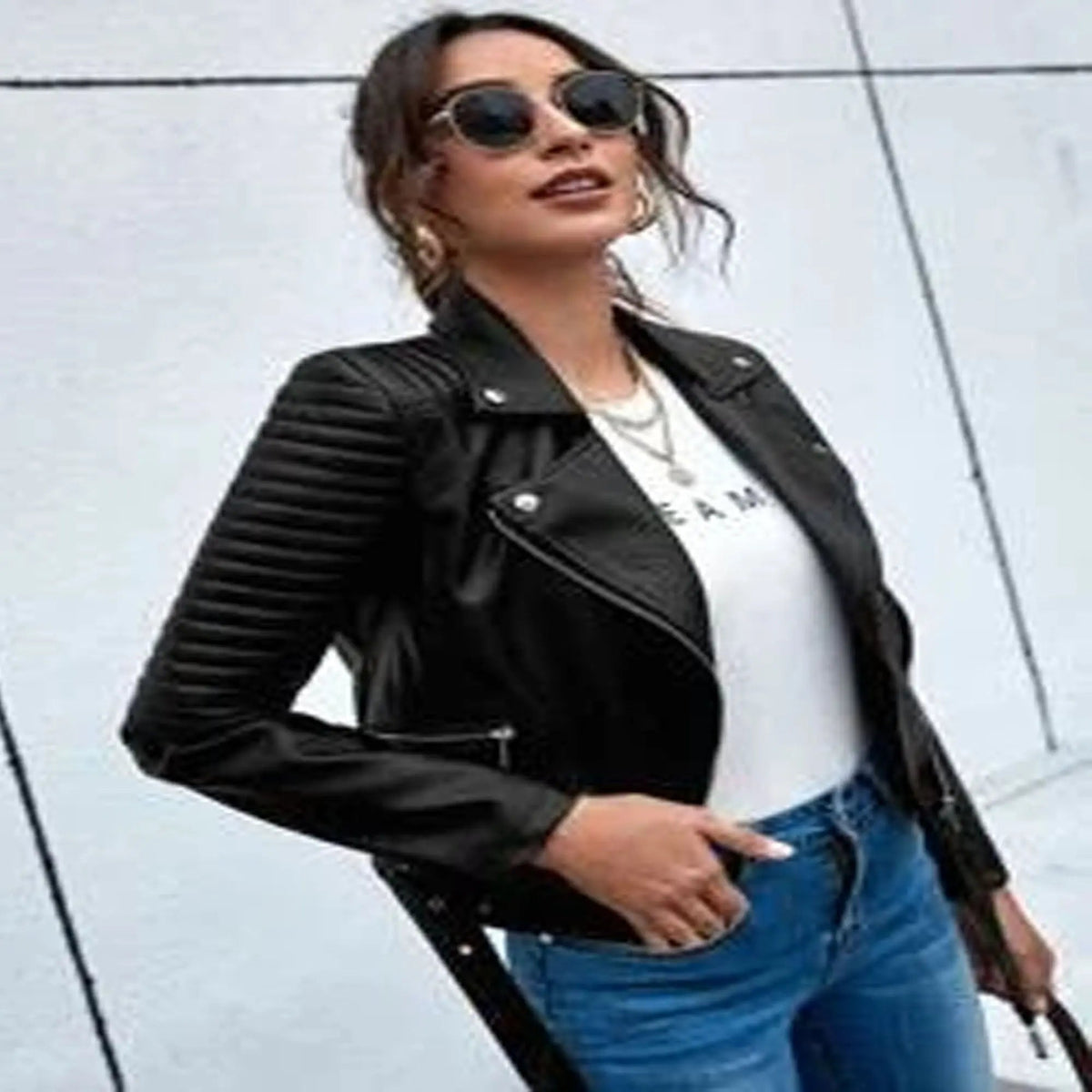 Women's Premium Genuine Leather Jacket Lapel Collar Belted Zip Moto Style, front view