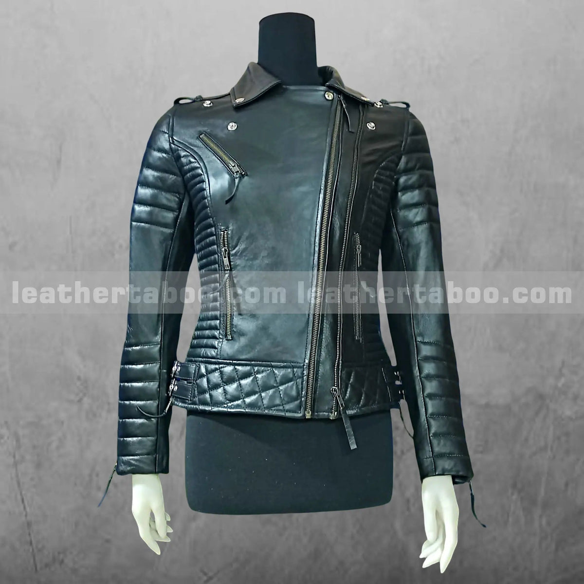 Women's Black Leather Biker Jacket Handmade Moto Style with Quilted Design Slim Fit Real Leather Coat, front view