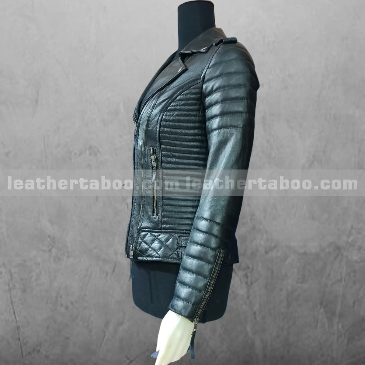 Women's Black Leather Biker Jacket Handmade Moto Style with Quilted Design Slim Fit Real Leather Coat, detail view 2