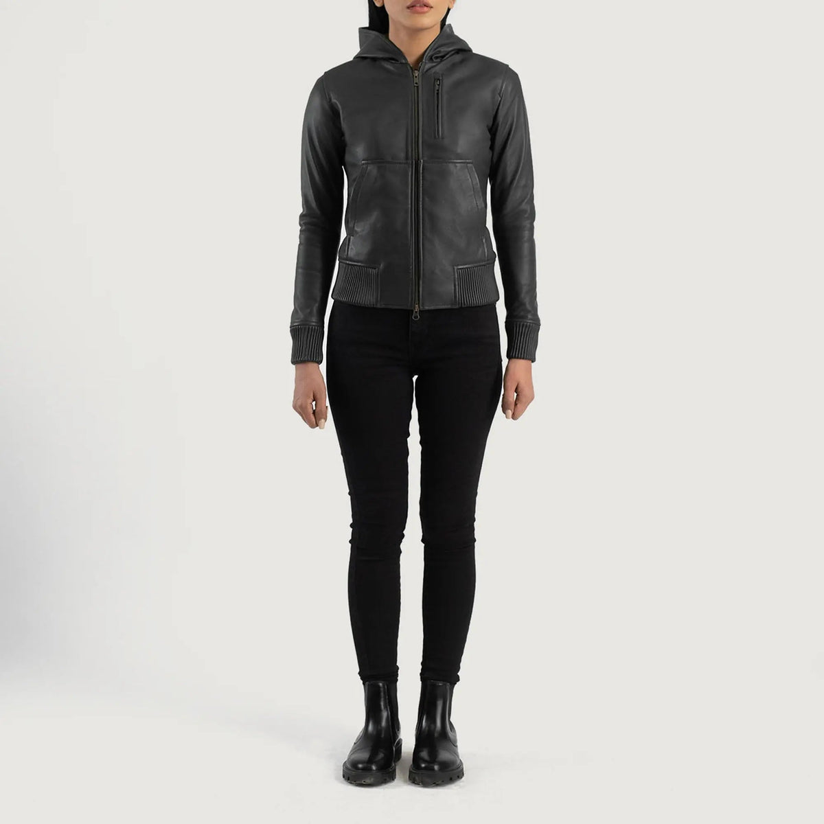 Luna Black Hooded Leather Bomber Jacket, front view