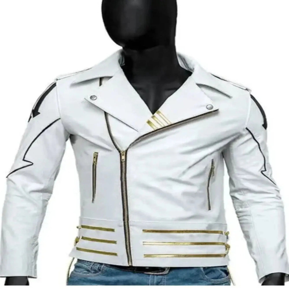 Men pure white leather jacket front clean studio look