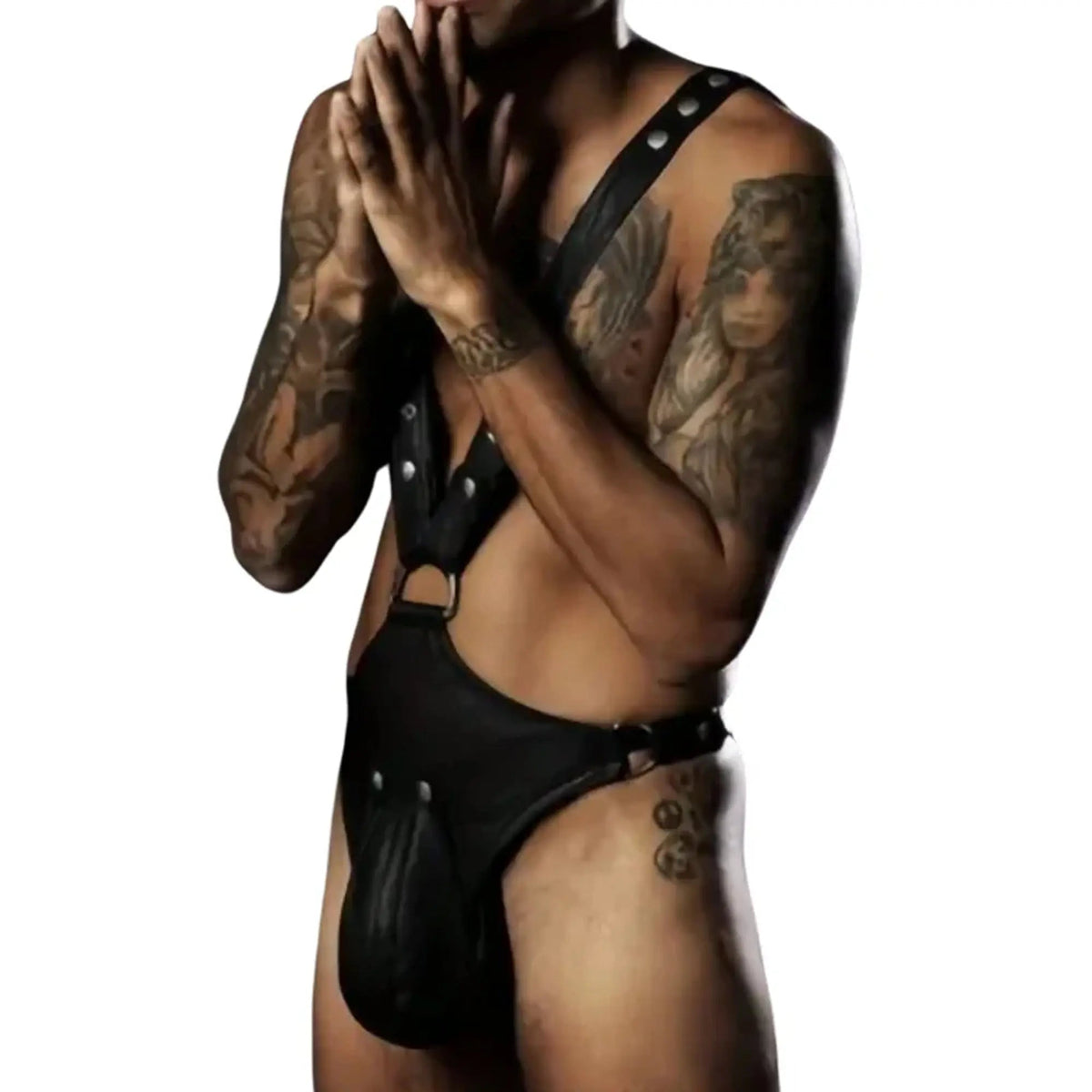 Men's Real Leather Bondage Chest Harness with Chastity Pouch – Erotic BDSM Leatherwear - Leather taboo