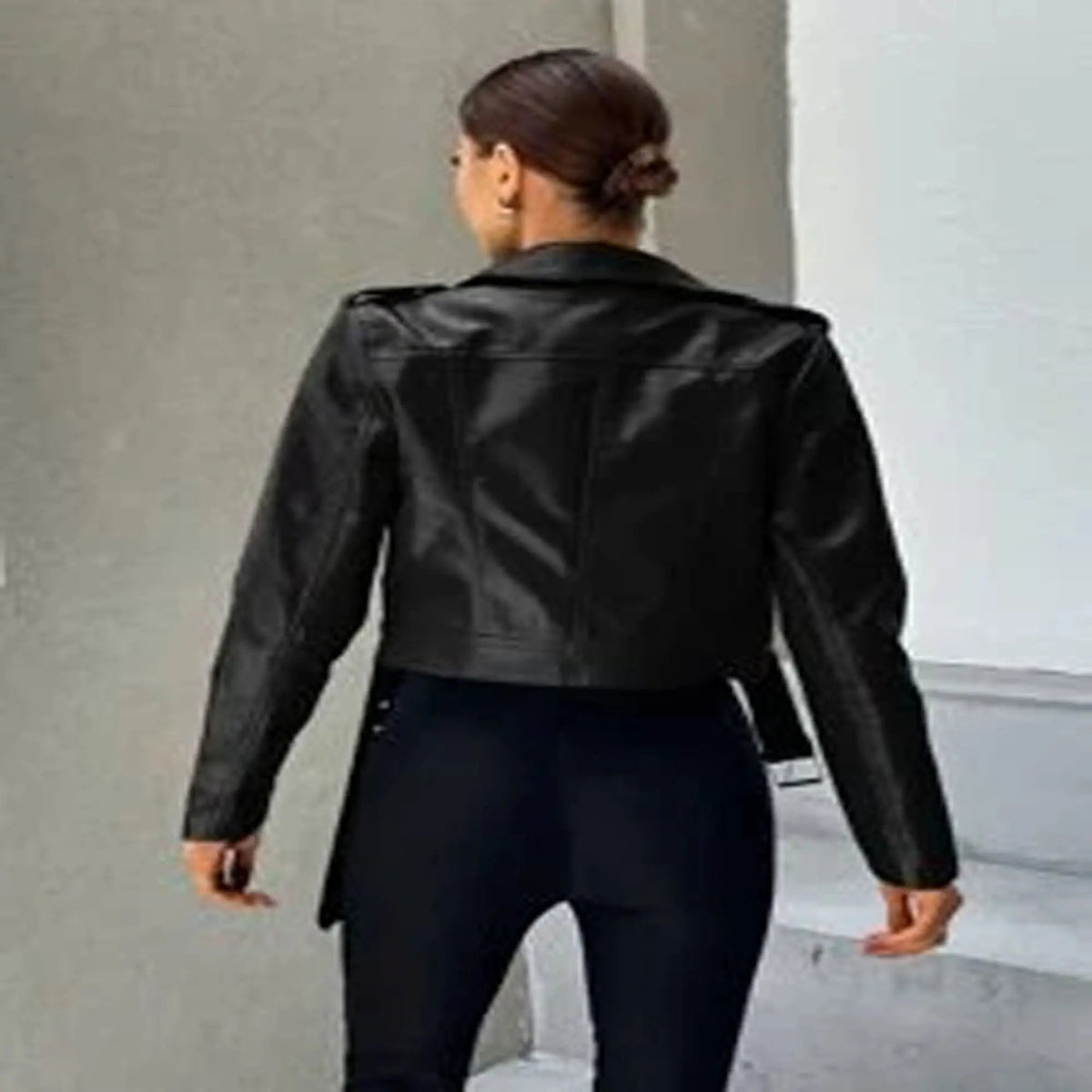 Women's Genuine Leather Moto Jacket Essence Zip Up Belted, back view