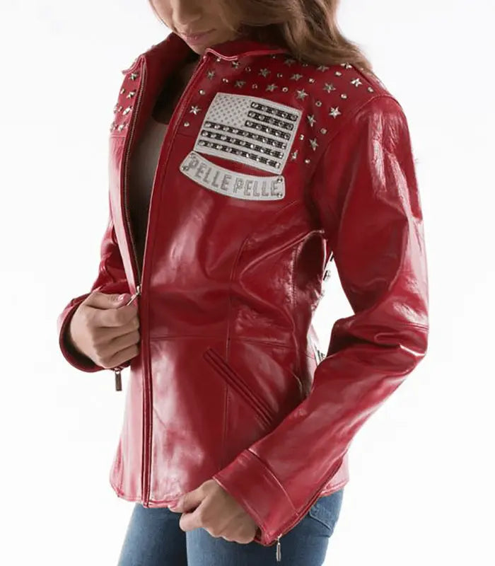All Americana Women’s Red Leather Jacket, front view