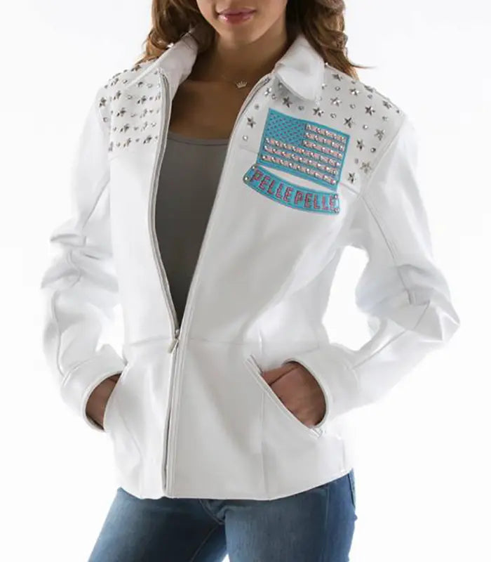 All Americana Women’s White Leather Jacket, front view
