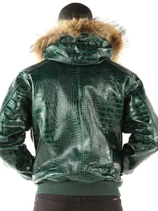 Men’s Pelle Pelle Green Croc Embossed Cowhide Leather Jacket with Fur Collar