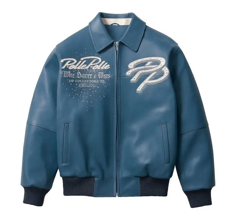 Greatest Of All Time Blue Leather Jacket, front view