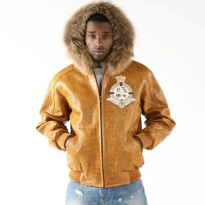Pelle Pelle Men Brown Crest Fur Hooded Leather Jacket