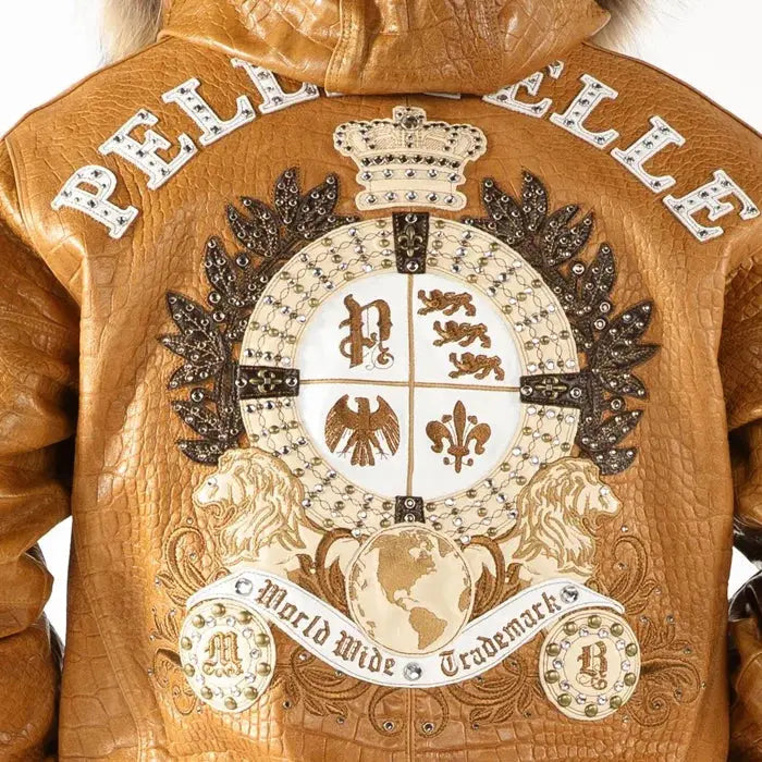 Pelle Pelle Men Brown Crest Fur Hooded Leather Jacket