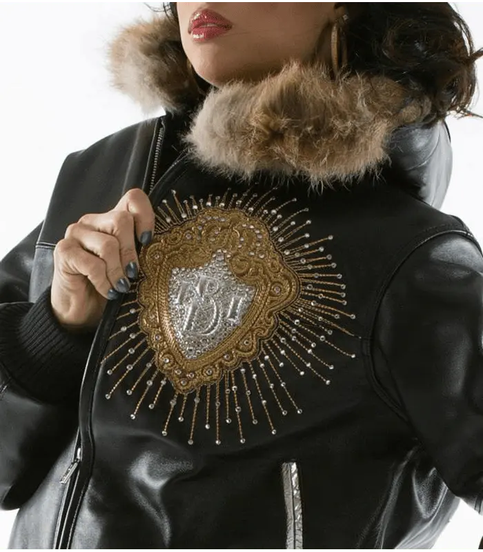 Platinum and Diamonds Fur Hooded Black Plush Leather Jacket, hood detail
