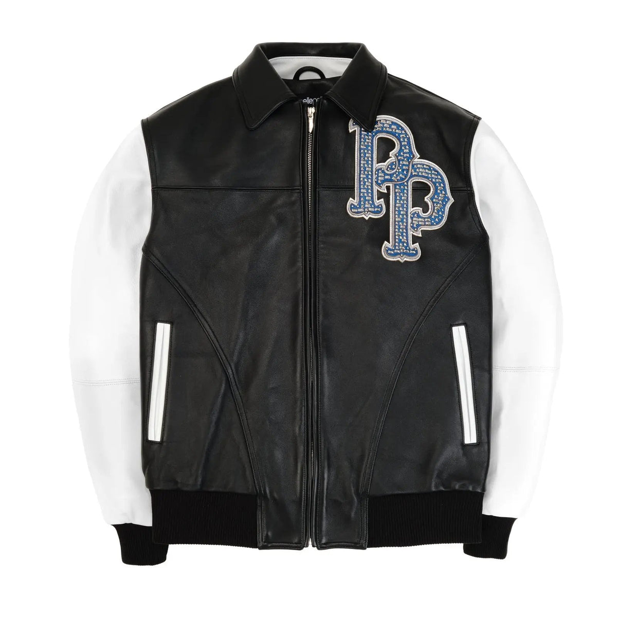 Pelle Pelle World Famous MB Jacket for Men – Black & White Cowhide Leather with Crystal Eagle Back Patch - Leather taboo