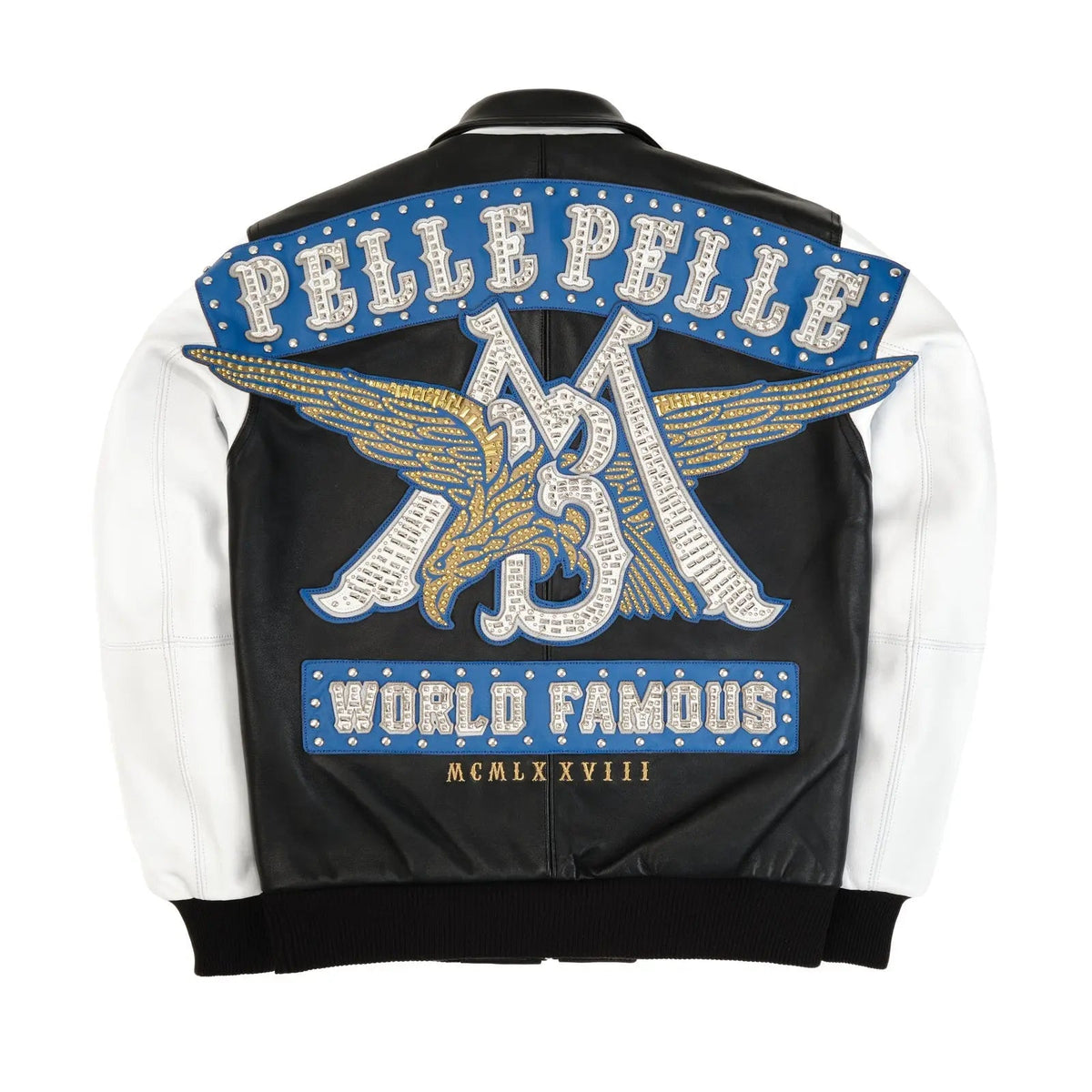 Pelle Pelle World Famous MB Jacket for Men – Black & White Cowhide Leather with Crystal Eagle Back Patch - Leather taboo