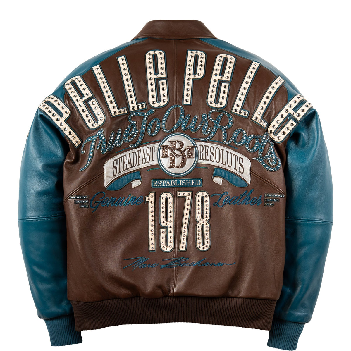 Back of chocolate brown cowhide jacket with cream studded Pelle Pelle lettering, teal True To Our Roots script and studded 1978