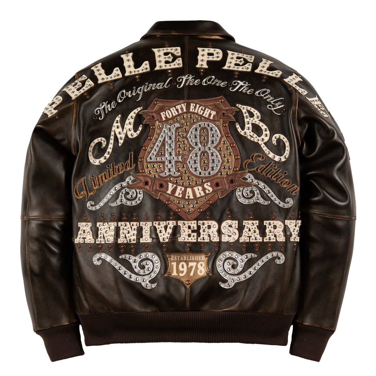Back of antique brown leather jacket with cream studded Pelle Pelle lettering, 48 Years shield crest and Established 1978 pennant