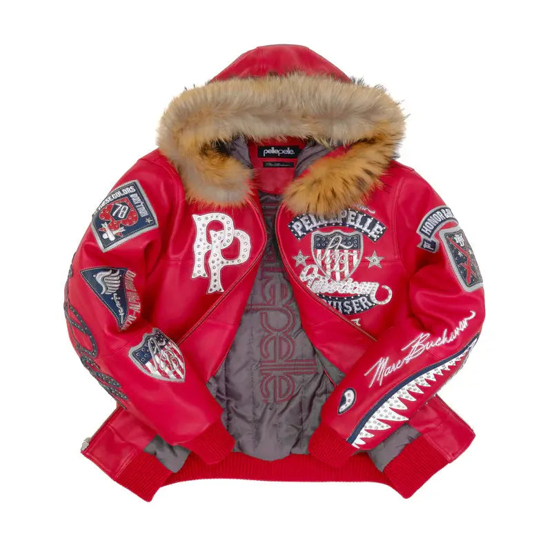 American Bruiser Hooded Red Leather Jacket, front view