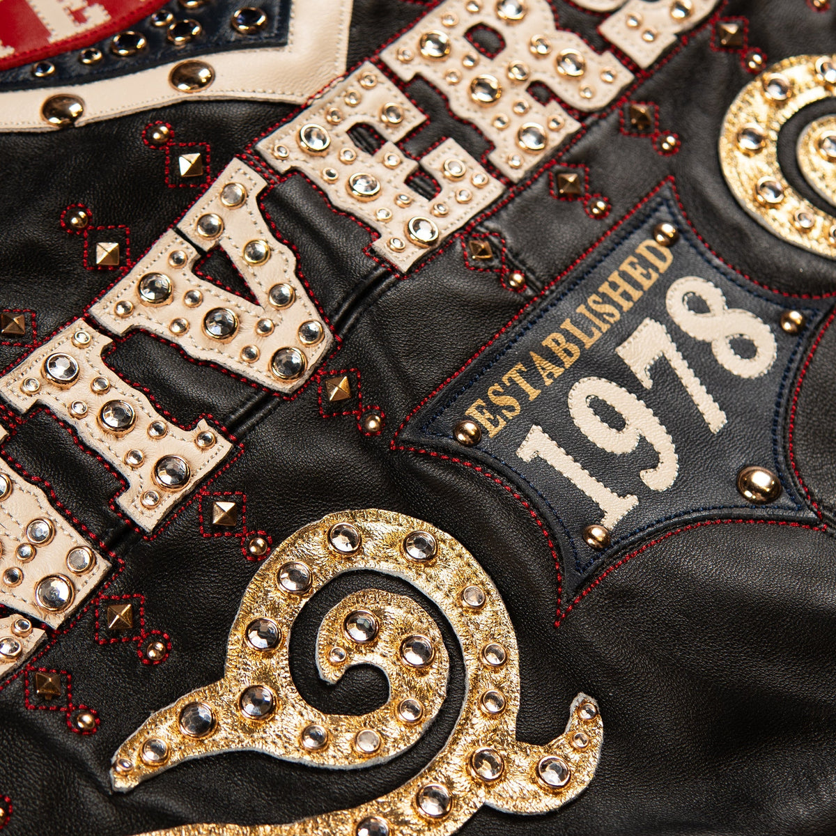 Back view of a black leather jacket featuring Pelle Pelle lettering, a large 48 anniversary crest and red banner details