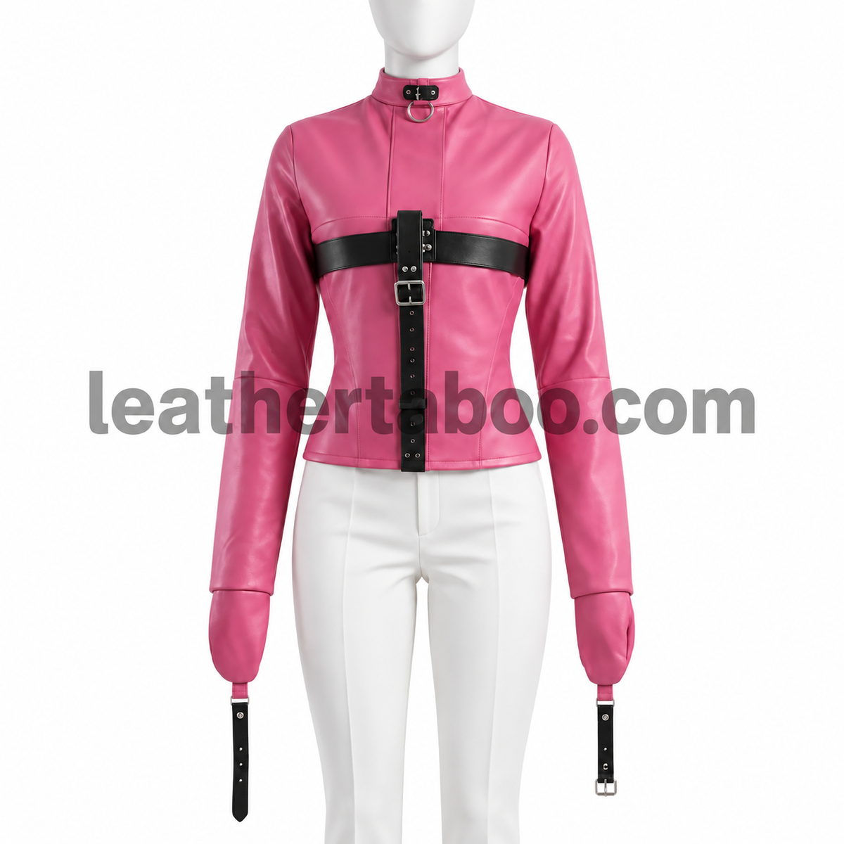 Front view of a pink genuine leather straitjacket with black chest buckle straps, high collar, metal ring and long enclosed sleeves.