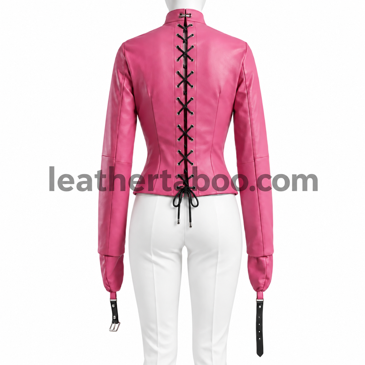Back view of a pink genuine leather straitjacket showing a black lace-up back, metal eyelets, high collar and enclosed sleeves.
