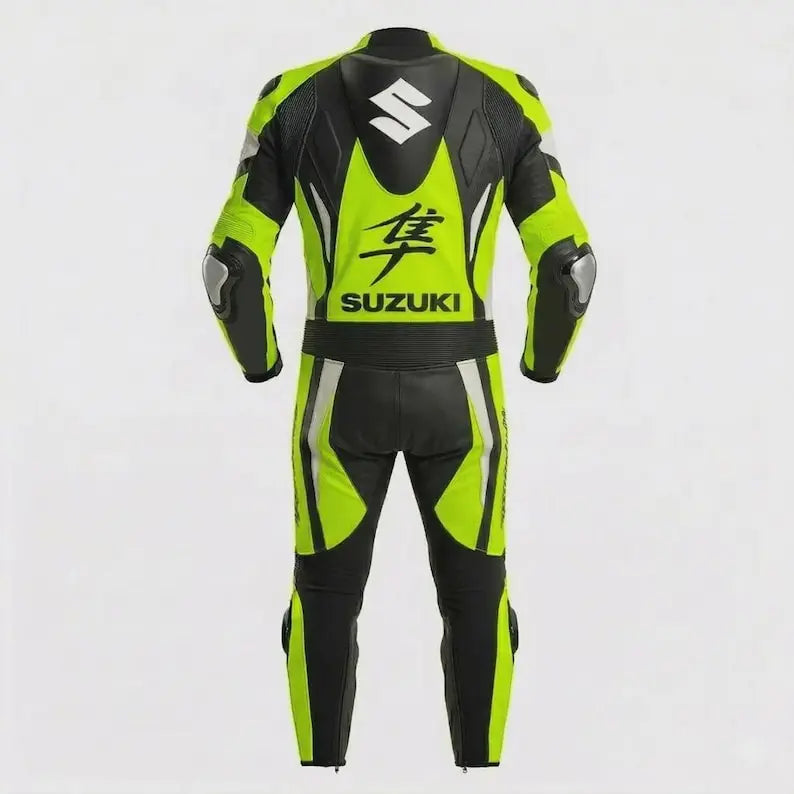 Premium Suzuki biker leather suit with reinforced knee sliders and professional motorcycle protection