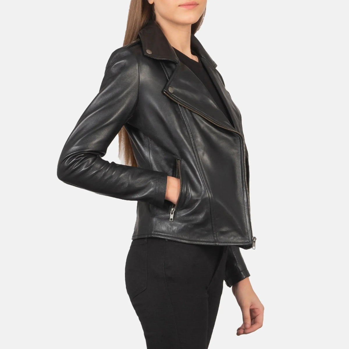 Flashback Black Leather Biker Jacket, side view