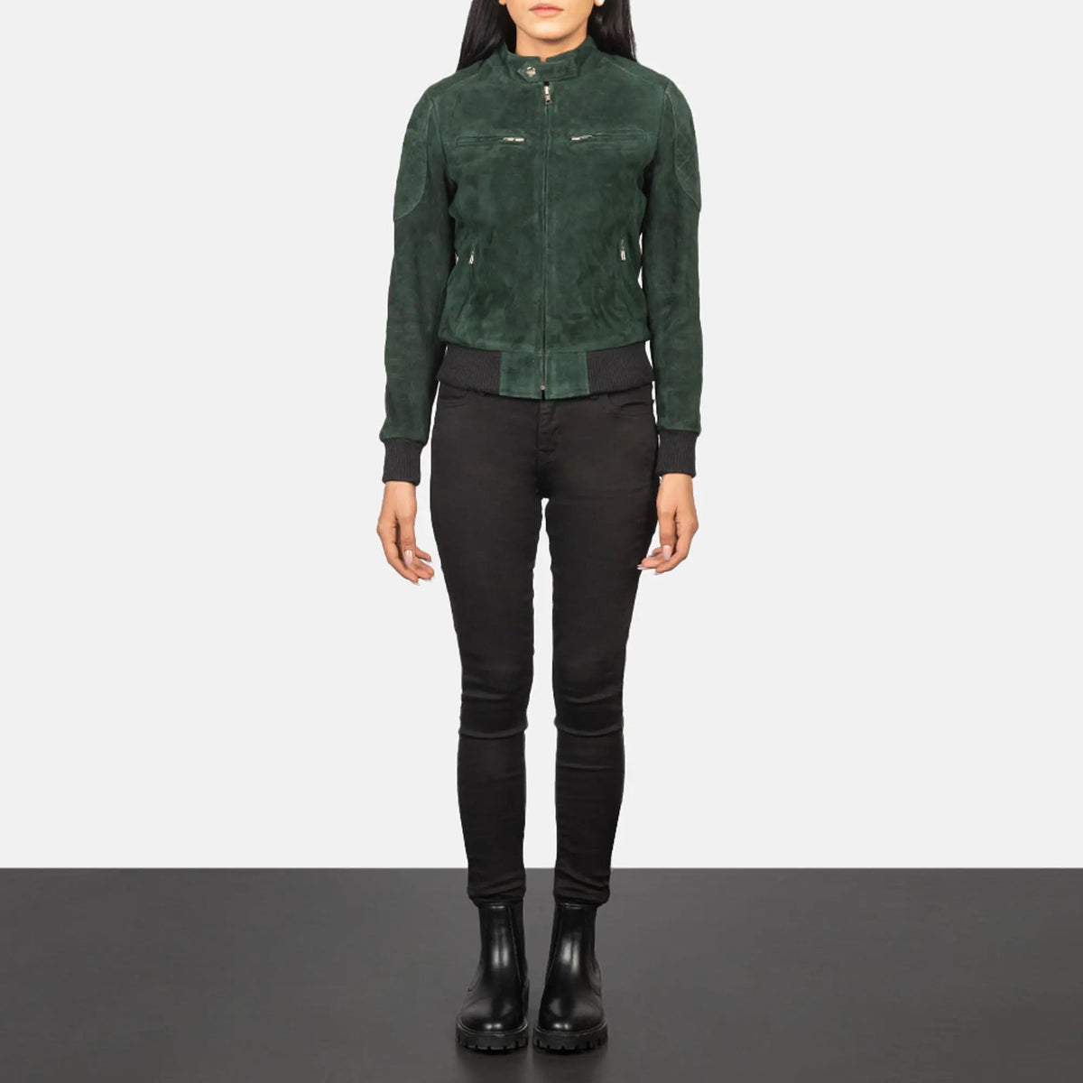 Zenna Green Suede Bomber Leather Jacket, back view