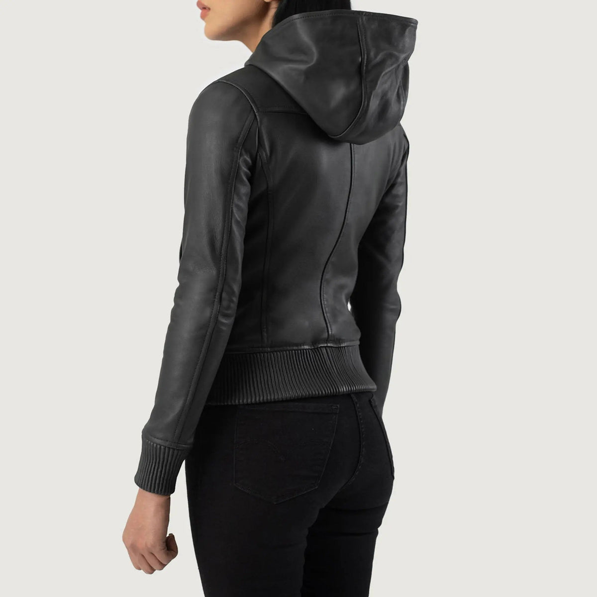 Luna Black Hooded Leather Bomber Jacket, back view