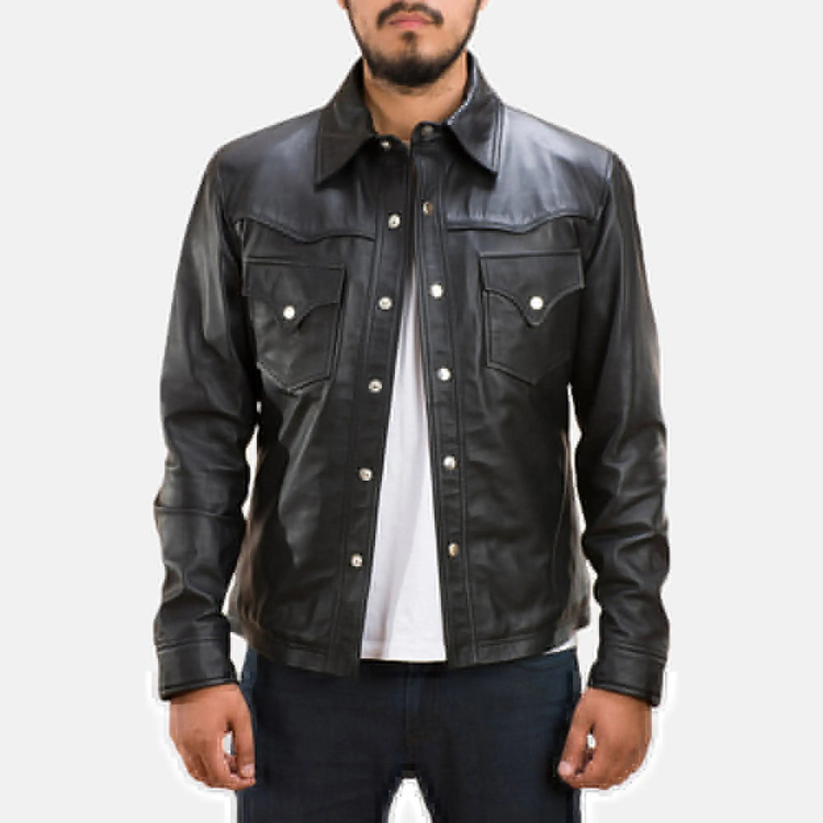 Ranchson black leather shirt front view