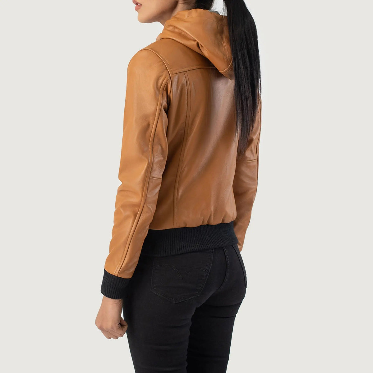 Rebella Brown Hooded Leather Bomber Jacket Urban Warm Style, back view