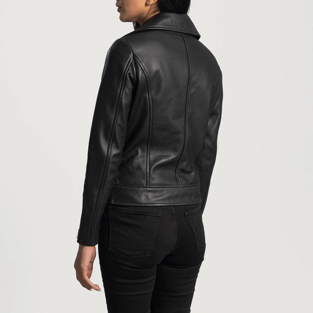 Rumy Black Leather Biker Jacket, back view