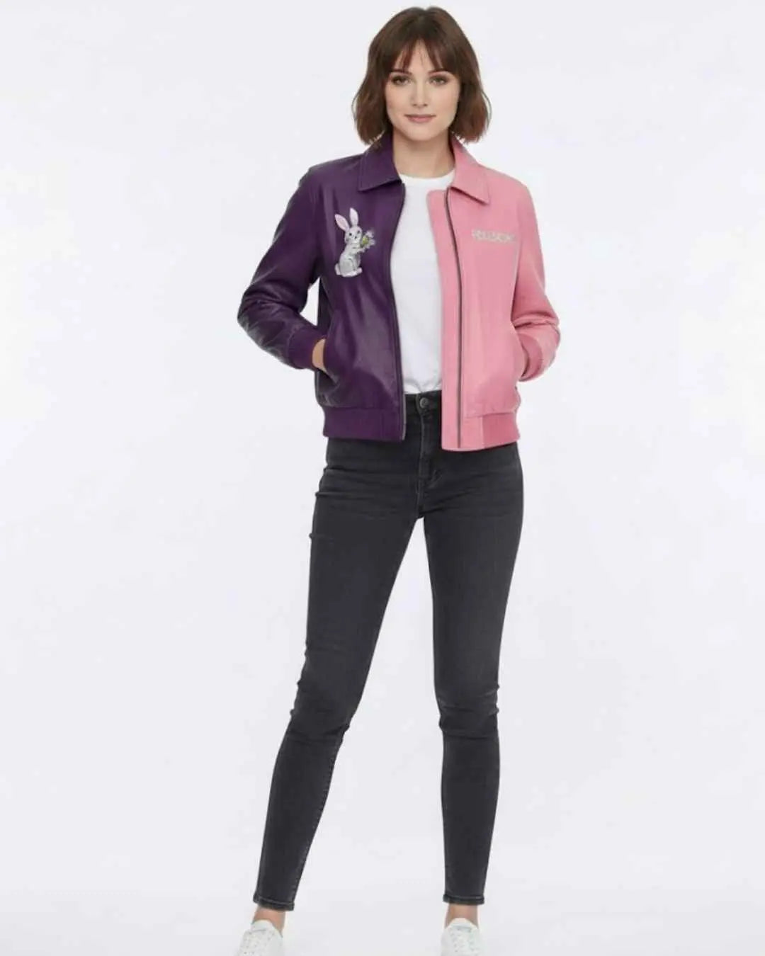 Two-Tone Leather Jacket with Floral Rabbit Embroidery, embroidery detail 2