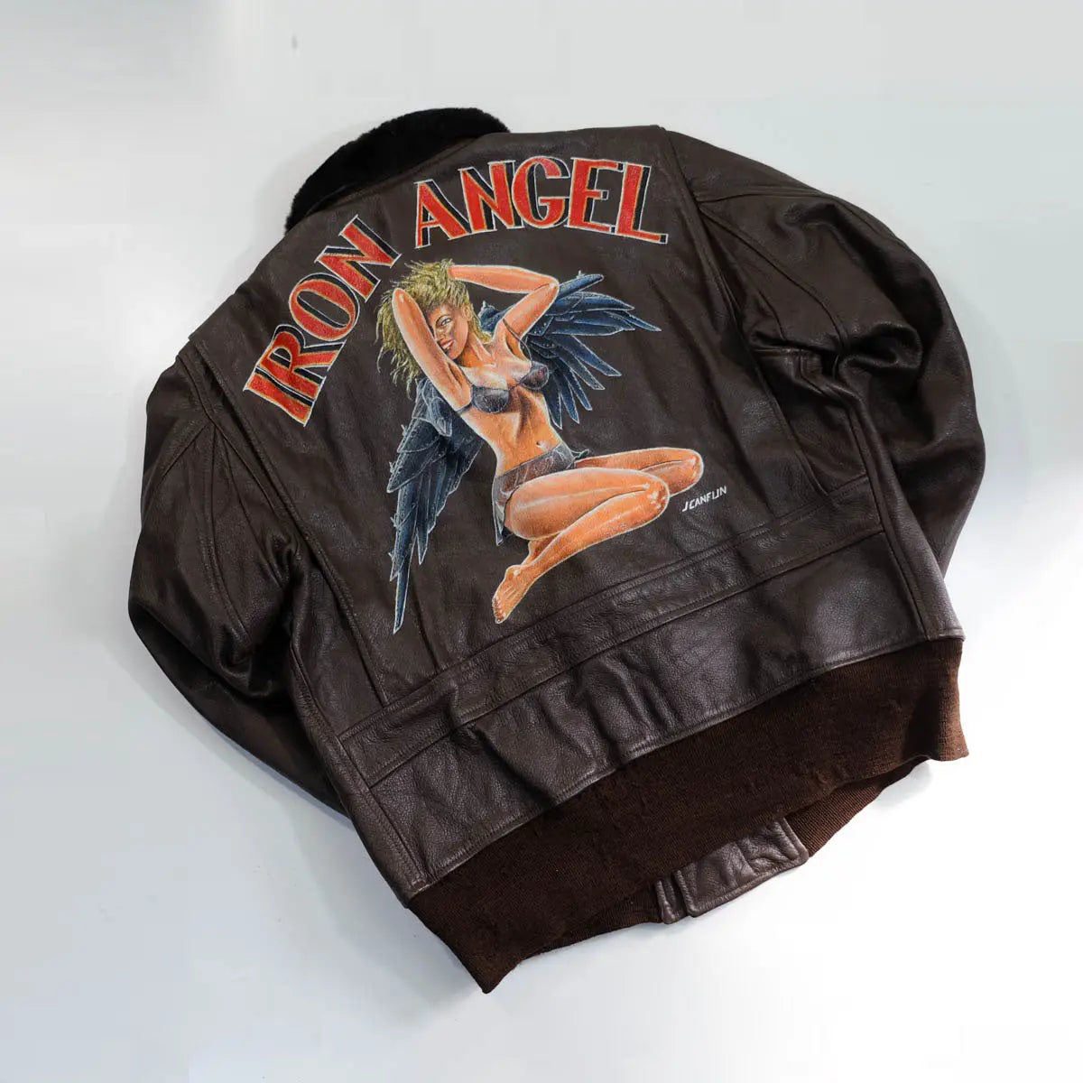 Vintage Brown Genuine Leather G-1 Flight Jacket With Custom Iron Angel Artwork, collar detail
