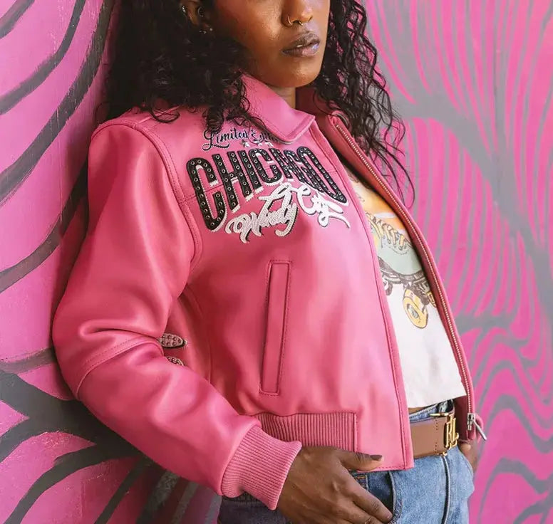 Women's X TB Windy City Pink Leather Jacket, front view