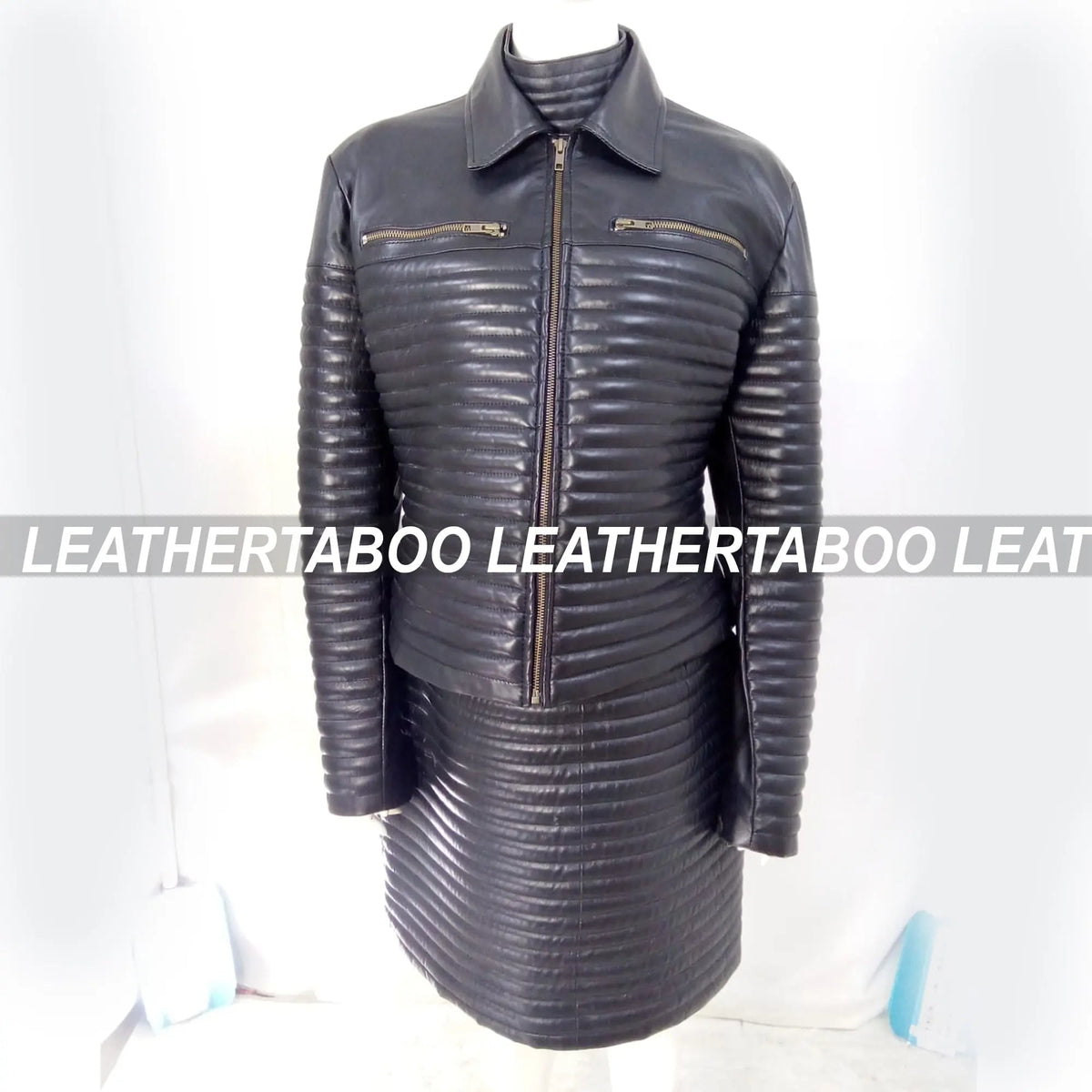 Women's Real Leather Quilted Mini Dress & Jacket Set – Bodycon Sleeveless Dress + Padded Jacket – Handmade Black Leather Outfit - Leather taboo