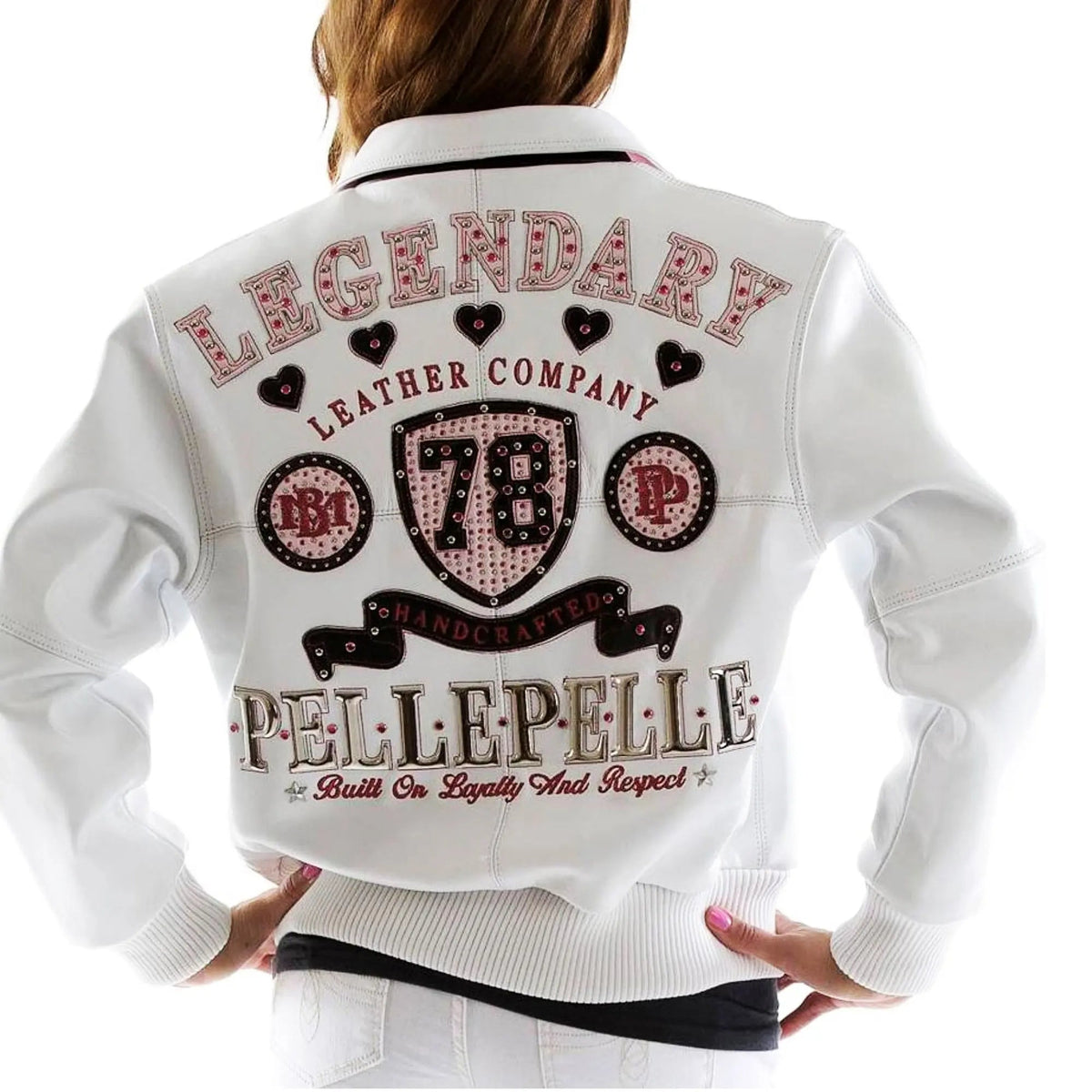 Women's Premium Pink Studded Shield Cowhide White Leather Jacket, back view