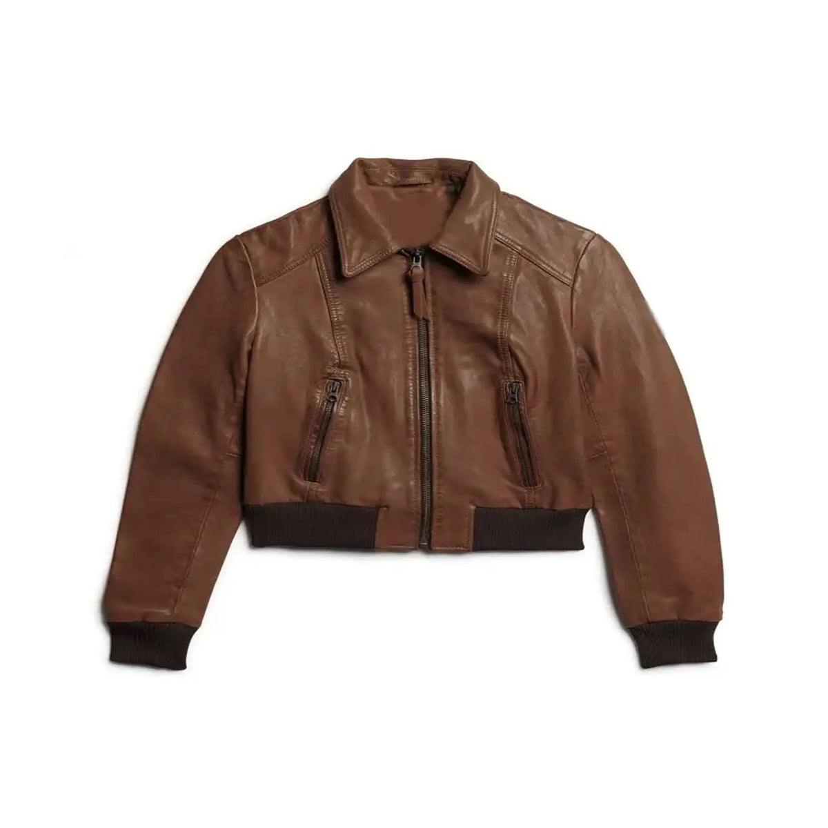 Women's Crop Leather Bomber Jacket, front view