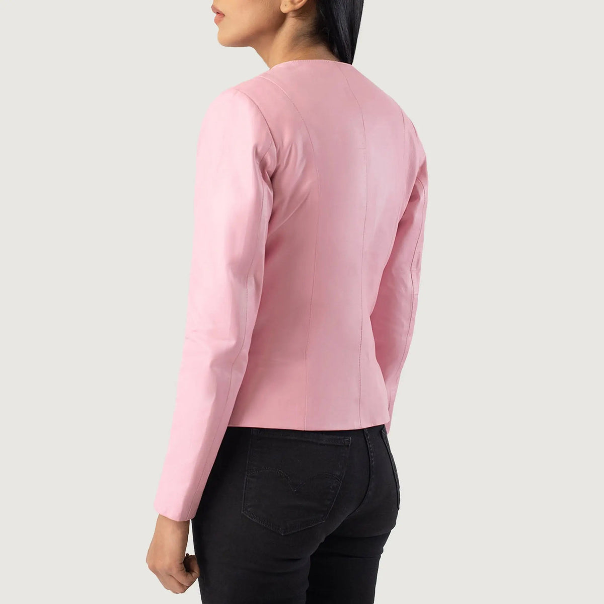 Elixir Pink Collarless Leather Jacket, back view