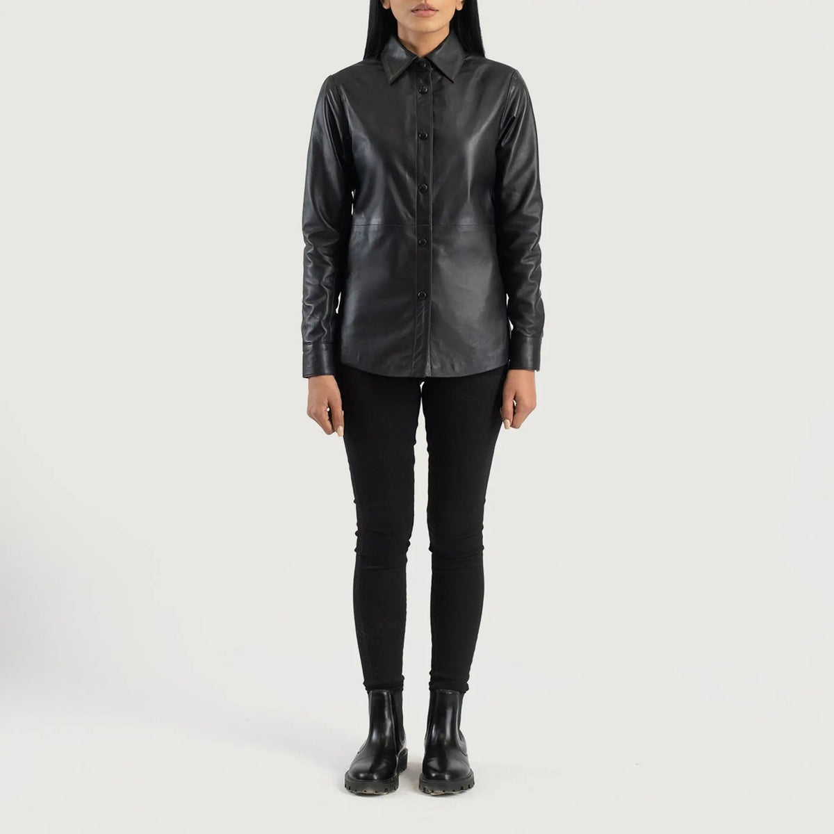 Zenith Black Leather Shirt Jacket, front view